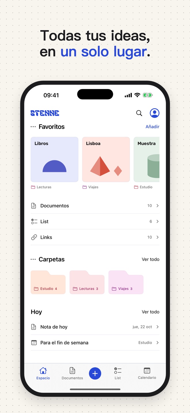 Inicio de Stenne en iPhone, capturado en la app real.