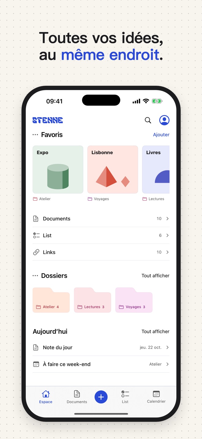 Accueil de Stenne sur iPhone, capturé dans l’app réelle.